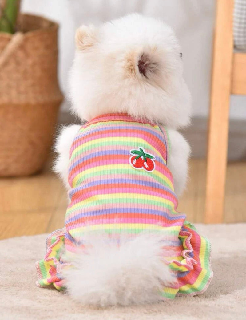 Vestido de mascota con bordado de cereza con estampado de rayas